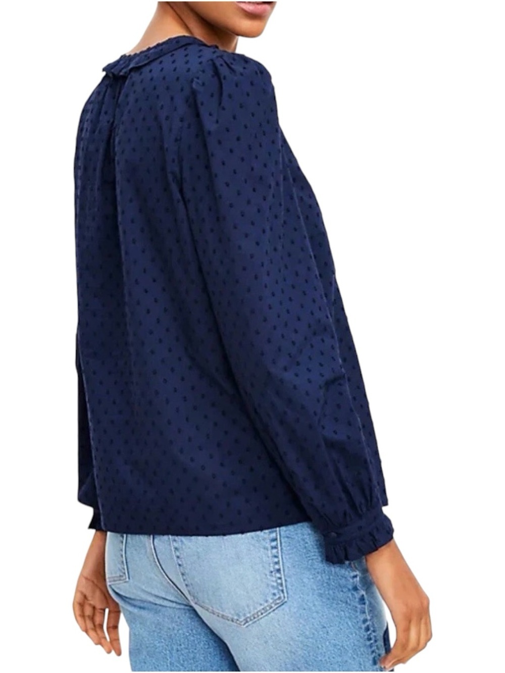 Ann Taylor LOFT Sz SMALL Navy Swiss Dot V-Neck Ruffle Trim Babydoll Blouse Top - Picture 3 of 11